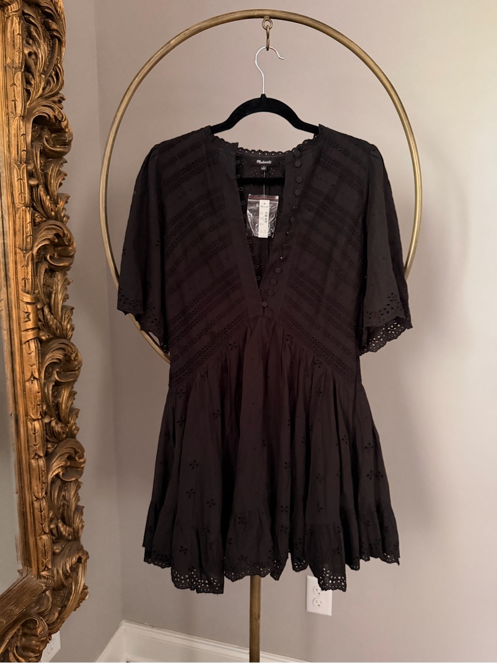 Madewell Black Eyelet V-Neck Mini Dress NWT